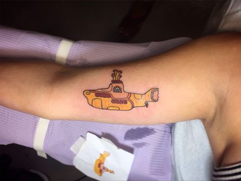 Yellow submarine tattoo Yellow Submarine Tattoo, Beatles Inspired Tattoos, Submarine Tattoo, Stardust Tattoo, Beatles Tattoo, American Traditional Tattoo Design, Pink Floyd Tattoo, Tattoos 2023, Navy Tattoos