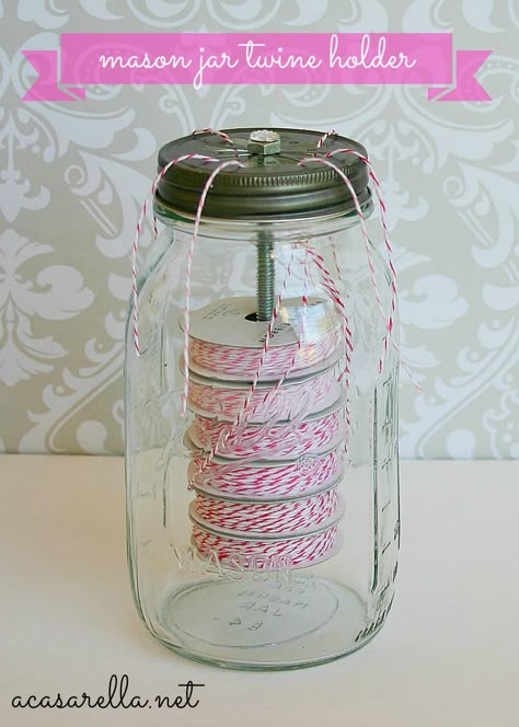 Mason Jar Twine, Mason Jar Organization, Mason Jar Projects, Mason Jar Ideas, Sewing Room Ideas, Scrapbook Room, Jar Ideas, Office Crafts, Jar Diy