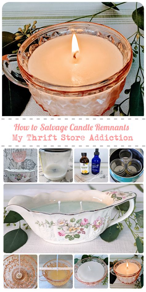 Remelting Candles, Unique Diy Candle Ideas, Decorate Candle Jars, Thrift Store Diy Candles, Making Candles From Old Candles, Candles From Old Candles, Reusing Candle Wax Diy, Candle Leftovers Diy, Reuse Candles