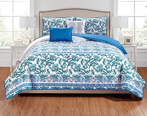 RT Designers Collection Caspian 5-Piece Quilt Set, King, White/Blue/Teal/Gray Best Quilted Comforter, Set USA Navy Blue Bedding, Navy Blue Quilt, Linen Bedding Natural, Bed Cover Sets, Queen Bedspread, White King, California King Bedding, Floral Bedding, Bedspread Set