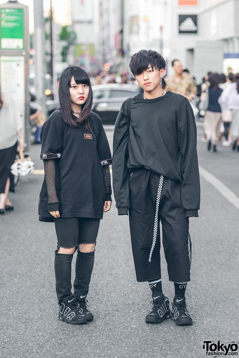 All Black Harajuku Streetwear w/ Never Mind the XU, From K to All, Vei-8 & Nike Air More UpTempo Uptempo Outfit, Goth Techwear, Japan Street Fashion, Nepo Baby, Japan Fashion Street, Nike Air More Uptempo, Nike Air More, Harajuku Fashion Street, Tokyo Street Style