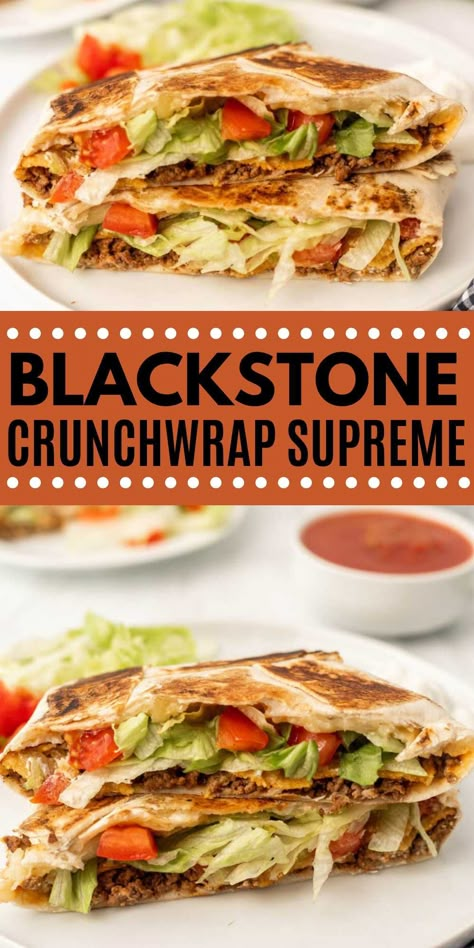 Blackstone Crunchwrap Supreme Recipe - grillonadime.com Crunch Wrap Supreme Recipe Blackstone, Blackstone Wraps, Black Stone Griddle Crunch Wrap, Blackstone Griddle Mexican Recipes, Crunch Wrap On Blackstone, Griddle Crunch Wrap, Supper On The Blackstone, Black Stone Supper Ideas, Black Stone Mexican Recipes