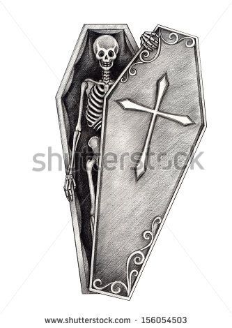 Halloween skull coffin . Hand drawing on paper. - stock photo Coffin Drawing, Coffin Tattoo, Surreal Tattoo, Dead Hand, Skeleton Drawings, Skeleton Sticker, Halloween Coffin, Dark Art Tattoo, Drawing On Paper