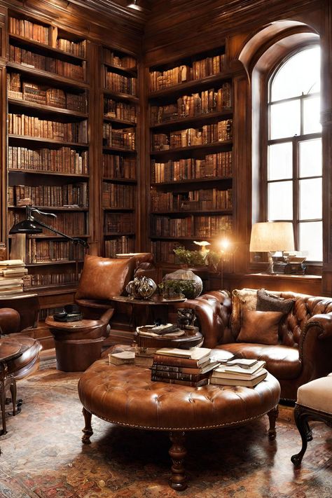 Elegant Library Room, Old World Study, Cozy Library Aesthetic, Aesthetic Home Library, Library Room Modern, Luxury Library, Luxury Home Library, Home Library Aesthetic, Dark Library