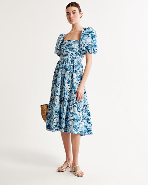 Puff Sleeve Midi Dress, Midi Dress Blue, Abercrombie And Fitch Dresses, Tiered Maxi Skirt, French Girls, Upper Arms, Puff Sleeve Dresses, Midi Short Sleeve Dress, Sleeve Midi Dress