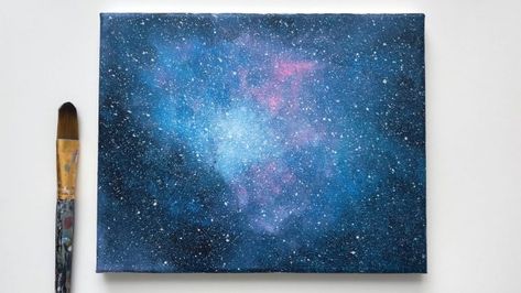 Canvas Painting Ideas Galaxy, How To Paint Galaxy Acrylic Step By Step, Galaxy Background Painting, Simple Space Painting, Easy Acrylic Painting Ideas For Beginners, Galaxy Art Painting, Galaxy Painting Acrylic, Unicorn Space, Mini Tela