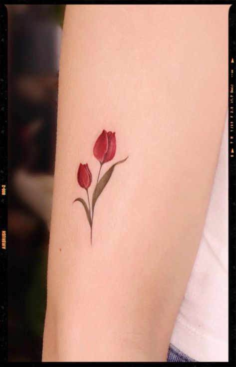 Red Tulip Tattoo Design, Red Tulips Tattoo, Red Tulip Tattoo, Tattoo Tulip, Tulip Tattoos, Between Breast Tattoo, Fine Tattoos, Tattoo Between Breast, Tiny Flower Tattoos