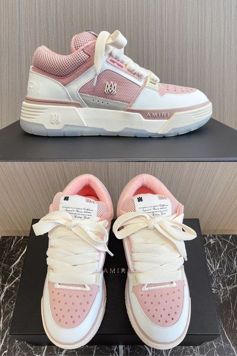 Get a harmonious blend of elegance and playfulness with these White and Pink Amiri Sneakers. These designer sneakers feature a sleek white base accented with vibrant pink hues, exuding a fresh and youthful vibe. Elevate your designer footwear collection with the distinctive flair of the White and Pink Amiri Sneakers. Pink Amiri Sneakers, Amiri Shoes, Amiri Sneakers, Trendy Shoes Sneakers, Designer Footwear, Louis Vuitton Pink, Pink Chanel, Vacation Outfit, Pink Sneakers