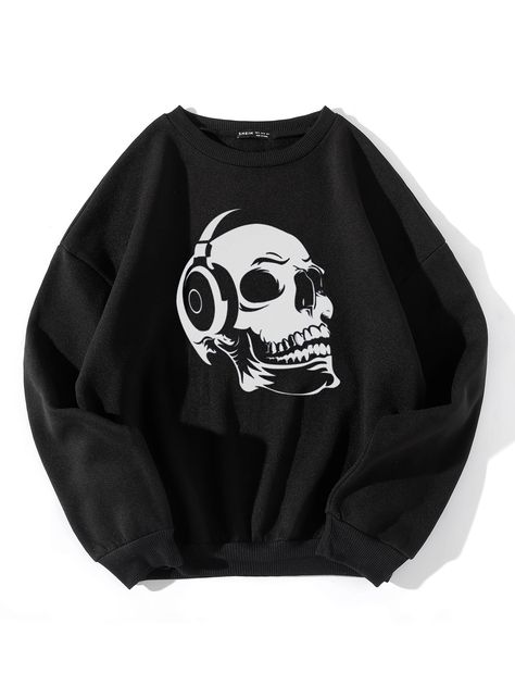 Headphone & Skull Print Thermal Pullover Halloween Fashion Outfits, Fashion Installation, Trendy Boy Outfits, Stylish Hoodies, Hoodie Outfit, Halloween Fashion, Comfy Hoodies, Skull Print, Casual Dinner Outfit