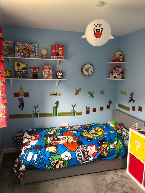 Mario Bedroom Ideas Boys, Mario Room Ideas Boys, Super Mario Bedroom, Mario Bedroom, Nintendo Room, Spiderman Room Decor, Boys Space Bedroom, Super Mario Room, Mario Room