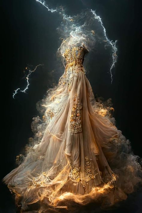 Electricity Inspired Dress, Mythical Dresses Fantasy Fairytale, Fantasy Sun Dress, Dragon Fantasy Dress, Mystical Dresses Gowns, Odd Dresses, Princess Ball Gowns Fantasy Fairytale, Sun Goddess Dress, Nature Inspired Dress