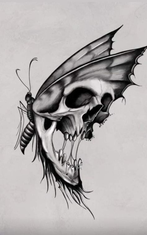 Butterflies And Skulls Tattoo Ideas, Skull In Butterfly Tattoo, Skull With Wings Drawing, Skull Guitar Drawing, Unique Skull Drawing, Butterfly Skull Hand Tattoo, Skeletal Butterfly Tattoo, Scary Butterfly Drawing, Butterfly Skull Tattoo For Women