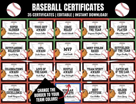 Give these awesome editable and printable Baseball Award Certificates at your end-of-the-season baseball team party as a special memento for each player! ✨Try Before You Buy✨  ----------------------------------------------  Check out how easy it is to edit your baseball team awards in Jet Template by copying and pasting this link into a new browser window: www.jettemplate.com/demo/ZO9031 You can easily edit the fonts, text, and borders of these Baseball Certificates in Jet Template or print the Baseball Superlative Awards, Tball Awards Ideas, Baseball Certificate Free Printable, Softball Award Ideas, Baseball Awards End Of Season, Baseball Award Ideas, Baseball Awards, Baseball End Of Season Party, End Of Season Baseball Party