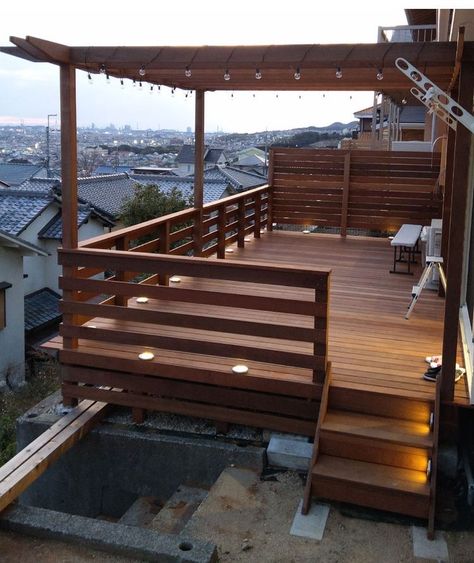 Backyard Lights Ideas, Backyard Lights, Small Backyard Decks, Wood Aesthetic, Patio Railing, Wooden Patio, Deck Railing Design, Porch Addition, Lights Ideas