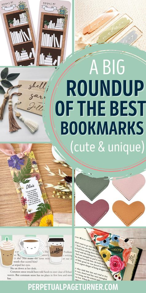 collage of bookmarks with circle text overlay that says "a big roundup of the best bookmarks (cute and unique)" Interesting Bookmark Ideas, Beautiful Book Marks, Charm Bookmark Diy, Bookmark Gift Ideas, Diy Book Markers, Book Club Bookmarks, Book Markers Ideas, Book Markers Ideas Diy, Book Club Crafts