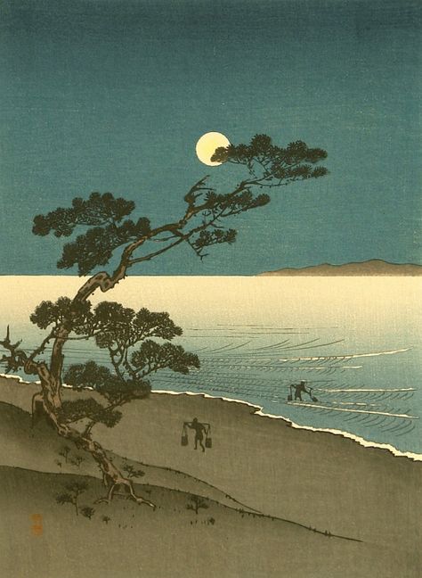 Japanese Woodcut, Japanese Woodblock Print, Beach At Night, Japanese Art Prints, Japanese Artwork, Traditional Japanese Art, Japon Illustration, Japanese Landscape, Japanese Woodblock