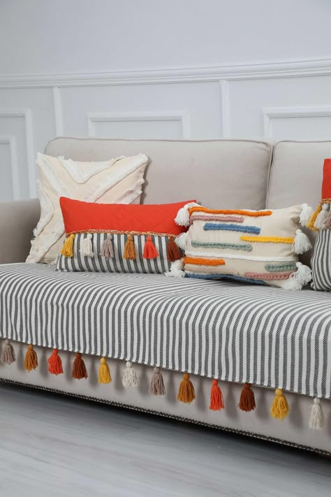 Striped Sofa, Sofa Cotton, Cushion Cover Designs, Tufted Sofa, Furniture Slipcovers, Product Shots, Decor Home Living Room, Couch Covers, Sofa Cover