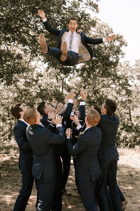 Chic Tulsa Barn Wedding at Dream Point Ranch | Junebug Weddings Wedding Picture Groomsmen, Wedding Before Pictures, Navy And Black Suit Men, Wedding Day Photo Ideas Groomsmen, Top Wedding Photos To Take, Cool Groomsmen Photos, Wedding Guest Photography, First Look Wedding Photos Groomsmen, Fun Groomsmen Photos