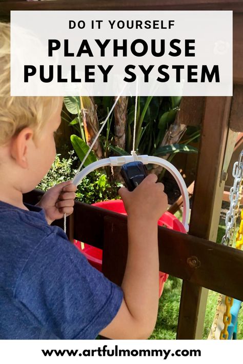 We added a "pulley system" to the play structure. Well actually there was no pulley involved, instead we found some simple supplies in the garage (a wall hook, screws, rope, an old red bucket and a cleat) and put together a makeshift one in about 10 minutes. #Artfulmommy #STEAM Pulley Bucket For Fort, Toy Pulley System, Bunk Bed Pulley System, Diy Pully System Ideas, Bucket Pulley Tree Houses, Pulley System For Groceries, Tree House Pulley System, Treehouse Bucket Pulley, Treehouse Pulley System