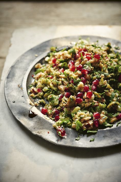 Claudia Roden's green olive, walnut and… | Food and Travel Magazine Pomegranate Recipes Salad, Turkish City, Pomegranate Salad, Paella Recipe, Walnut Recipes, Walnut Salad, Travel Magazine, Food And Travel, Green Olives