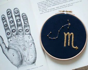 Embroidery | Etsy Astrology Magic, Constellation Scorpio, Pagan Festivals, Art Stars, Witch Gift, Stitch Art, Zodiac Symbols, Gold Thread, Stitching Art