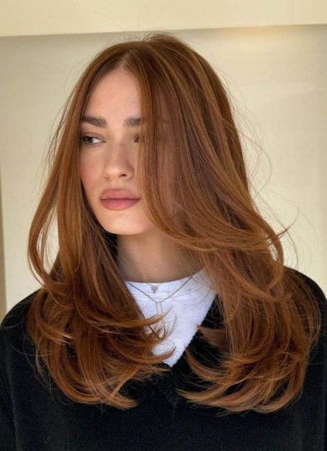 Ginger Inspo Hair, Hair Color That Looks Good On Pale Skin, Round Face Red Hair, Slightly Auburn Hair, Neutral Undertones Hair Color, Ginger Haircut Ideas, Long Copper Hair Balayage, Ginger Hair Haircut, Neutral Ginger Hair