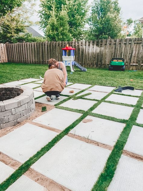 DIY patio with grass between pavers and a fire pit! Diy Circle Patio, Back Patio On A Budget, Pavers For Flower Beds, Backyard Large Pavers Ideas, Shared Front Yard With Neighbor, How To Paver Patio, Patio Paver Ideas On A Budget, Diy Patio Pavers Budget Backyard Ideas, How To Level Ground For Pavers