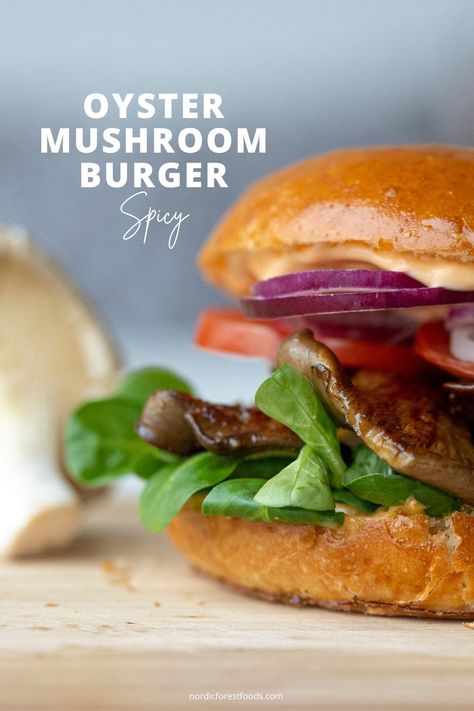 oyster mushroom burger Oyster Mushroom Burger, Mushroom Burger, Oyster Mushroom, Red Onion Salad, Bun In The Oven, Spanish Onion, Brioche Buns, Red Onions, Chilli Sauce