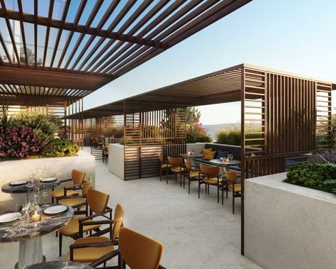 Rooftop Restaurant Design Terraces, Garden Pavillion, Rooftop Restaurant Design, Terraced Landscaping, Roof Garden Design, Outdoor Restaurant Design, Terrace Restaurant, Hotel Plan, Cafe Terrace