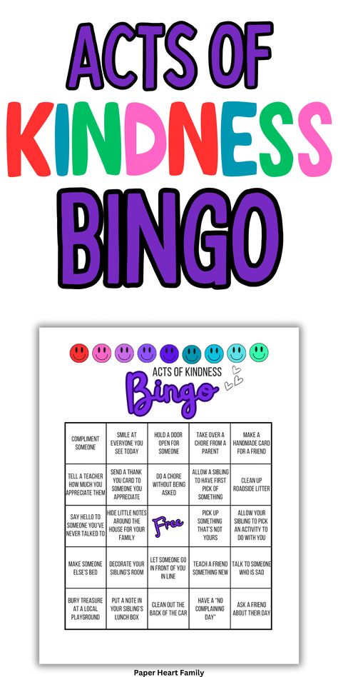 50 Acts Of Kindness For Kids With Fun Bingo Game Kindness Bingo Printable, Skittles Kindness Game, Kindness Games For Kids, Sprinkle Kindness Activity, Kindness Week Activities Elementary Free, Kindness Bingo For Kids, Kindness Games, Find A Friend Bingo For Kids, Gratitude Bingo For Kids