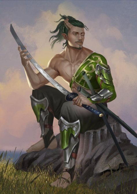 Tiefling Ranger Dnd Male, Tiefling Samurai, Ranger Dnd, Fantasy Classes, Character Commission, Sea Creatures Art, Pathfinder Character, Dnd Monsters, Male Character