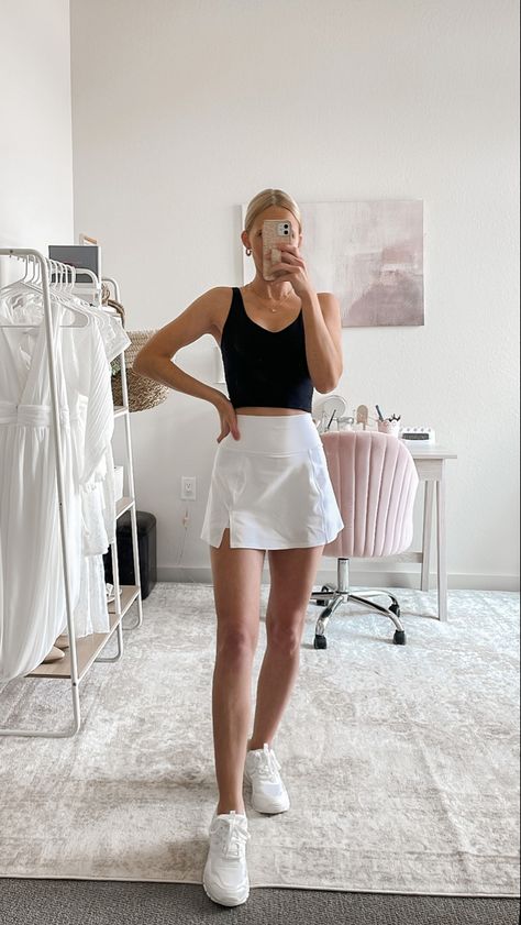 How to style a white tennis skirt for Summer! Sharing white tennis skirt outfit ideas that are perfect for playing tennis or pickleball, running errands, or walking your dog! White Skirt Outfit Athletic, White Golf Skirt Outfit, White Skort Outfit Ideas, Summer Outfits Active, White Athletic Skirt Outfit, White Tennis Skirt Outfit Ideas, Black Tennis Dress Outfit, Sports Skirt Outfit, Styling Tennis Skirt