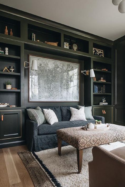 Olive Green Built In Shelves Surrounding Sofa - Transitional - Deck/patio Couch Nook Built Ins, Moody Office, Home Office Shelves, Kate Marker Interiors, Built In Shelves Living Room, Botany Bay, Library Office, Home Library Design, Studio Living