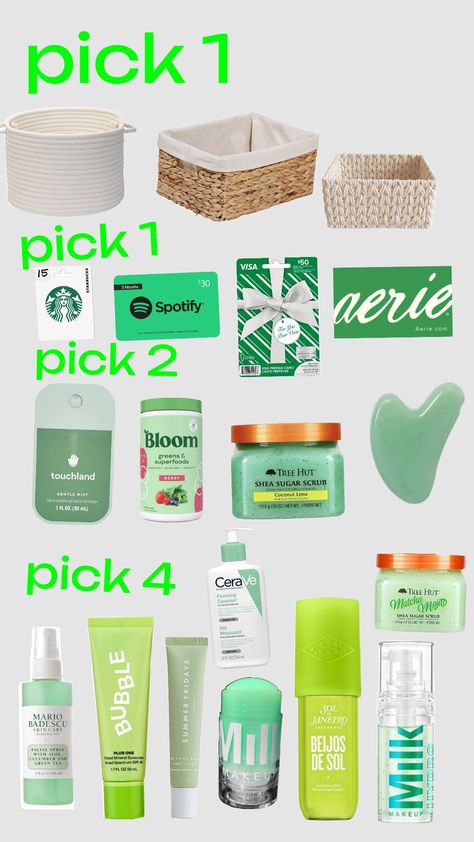 #greengiftbasket Green Themed Gift Baskets, Cheer Baskets, Green Gift Basket, Big Lil Gifts, Green Basket, Big Lil, Green Food, Green Gift, Facial Spray