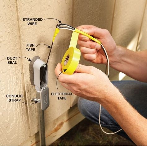 Electrical Wiring: How to Run Electrical Wire Outside (DIY) | Family Handyman Shed Garden, Biodata Format, Home Electrical Wiring, Chicken Coup, Electrical Conduit, Kitchen Patio, Diy Electrical, Electrical Tape, Family Handyman