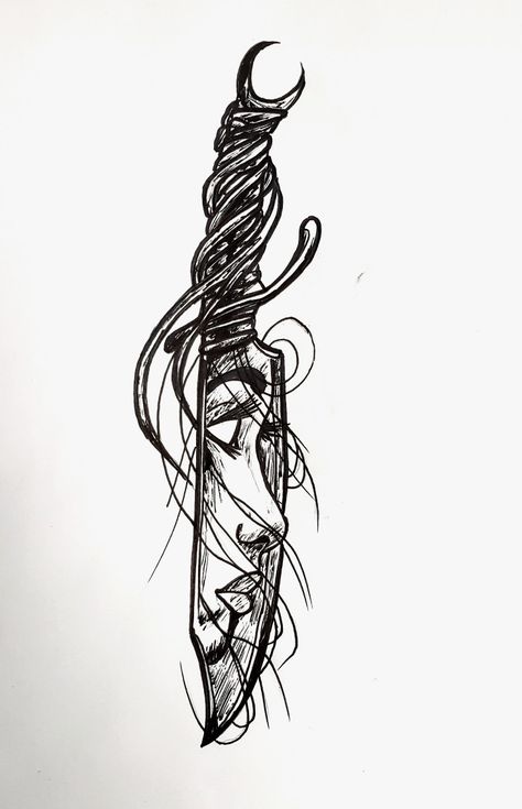 Knife Girl Drawing . Knife Woman Tattoo, Knife Tattoos Women, Drawings Of Knives, Knife With Face Tattoo, Skull Knife Tattoo, Drawing Knife, Bull Skull Tattoos, Mujeres Tattoo, Blade Tattoo