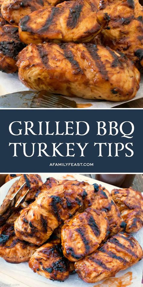 Grilled BBQ Turkey Tips!!  Watch for sales on turkey tenderloins at the supermarket – then make these easy, delicious Grilled BBQ Turkey Tips. Turkey Tips Recipe How To Cook, Turkey Tips Marinade, Turkey Tips Recipe, Turkey On Grill, Grilled Turkey Tenderloin Recipes, Barbecue Turkey Wings, Turkey Barbecue, Turkey Ribs, Turkey Bbq