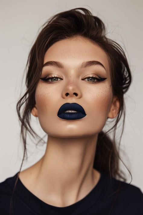 29+ Daring Blue Lipstick Ideas Navy Blue Lipstick, Dark Lipstick Looks, Goblin Face, Blue Lipstick Makeup, Black Lipgloss, Black Lipstick Look, Dark Blue Lipstick, Black Lipstick Makeup, Bold Lipstick Makeup