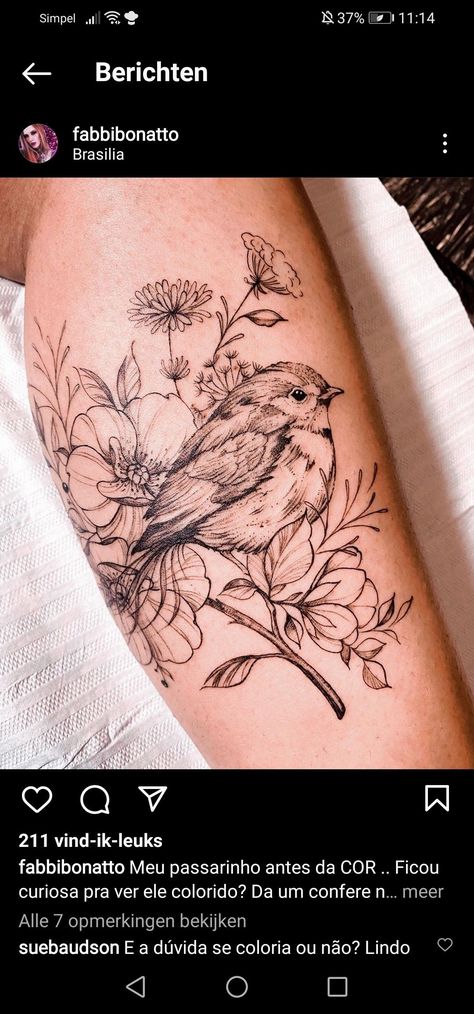 Floral With Bird Tattoo, Floral And Bird Sleeve Tattoo, Towhee Tattoo, Bird Floral Tattoo, Sparrow And Lily Tattoo, Bird Forearm Tattoo, Floral Spine Tattoo, Finch Tattoo, Tattoo Lily