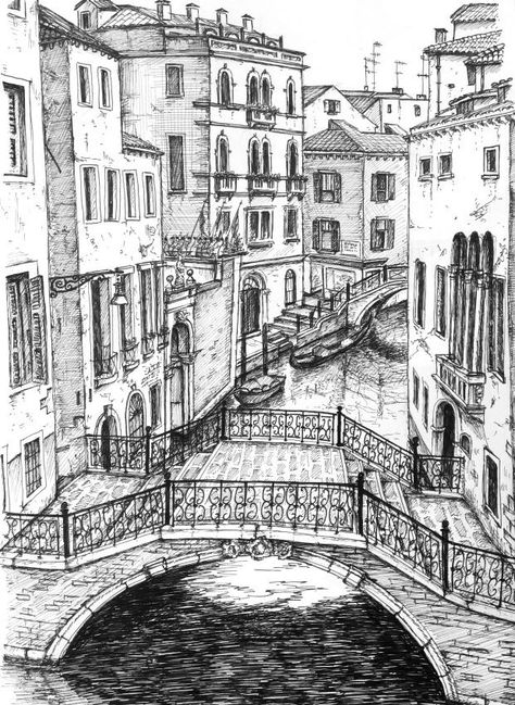 Perspective Scenery, Italy Sketches, Travel Sketchbook, One Point Perspective, Building Drawing, Venice Canals, City Drawing, Halcyon Days, Point Perspective