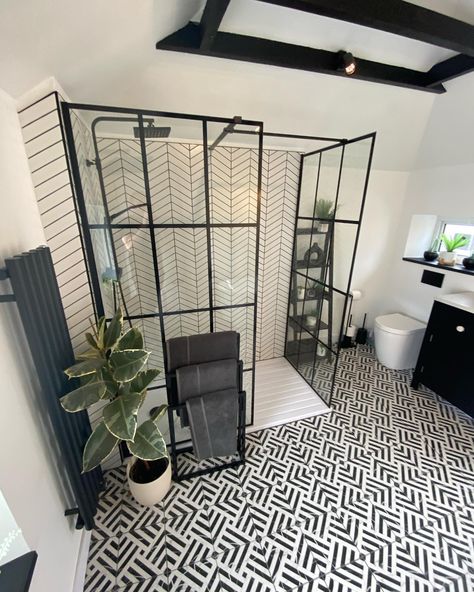 Victoria Plum customer @thesandstonemanse recently had their beautiful bathroom featured in @forbes.home, with our black-framed walk-in shower enclosure in centre stage! Congrats Ben & Laura on creating such a well-designed and stunning space! ❤️ Blue Green Tile, Victoria Plum, Glass Shower Panels, Walk In Shower Enclosures, Slanted Ceiling, White Tile Floor, White Subway Tile, Black Shower, Main Bathroom