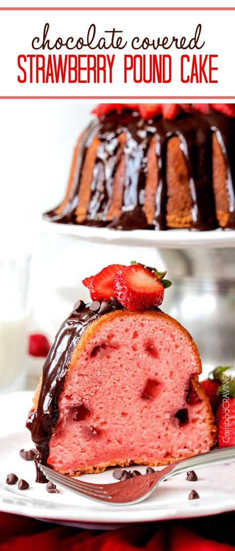 Rich, buttery, tender Strawberry Pound Cake swirled with fresh strawberries and smothered in smooth, silky Chocolate Ganache. 1000X better than any cake mix and so drool worthy everyone will beg you for the recipe! #giveaway #strawberry #strawberrycake #poundcake #summerdessert Strawberry Chocolate Chip, Toffee Ice Cream, Chocolate Chip Pound Cake, Strawberry Pound Cake, Chocolate Ganache Recipe, Sugar Cookie Crust, Carlsbad Cravings, Caramel Toffee, Chocolate Covered Strawberry