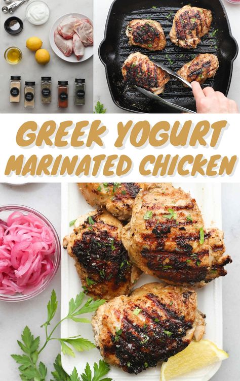 Make this Mediterranean-inspired Greek Yogurt Marinated Chicken recipe for dinner, featuring the tangy, bright flavors of yogurt, lemon, and herbs! Octavia Meals, Yogurt Chicken Marinade, Greek Yogurt Chicken Marinade, Greek Yogurt Chicken Recipes, Greek Yogurt Marinade, 2b Recipes, Greek Yogurt Marinated Chicken, Greek Marinade, Steak Marinades