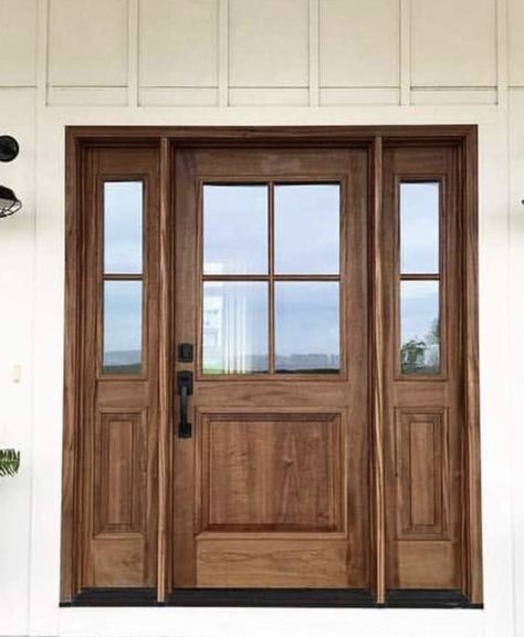 Stained Wood Front Door, Rustic Front Door Ideas, Farmhouse Interior Doors, Exterior Doors With Sidelights, Front Door Ideas, Farmhouse Fixer, Barndominium House, Farmhouse Fixer Upper, Rustic Front Door