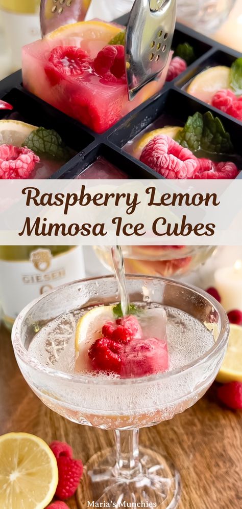 Raspberry Lemon Mimosa Ice Cubes Orange Cranberry Ice Cube Mimosas, Cranberry Ice Cube Mimosa, Frozen Mimosa Ice Cube, Raspberry Mimosa Recipe, Mimosa Ice Cubes Christmas, Ice Cubes For Mimosas, Mimosa Ice Cubes, Christmas Ice Cubes, Lemon Mimosa