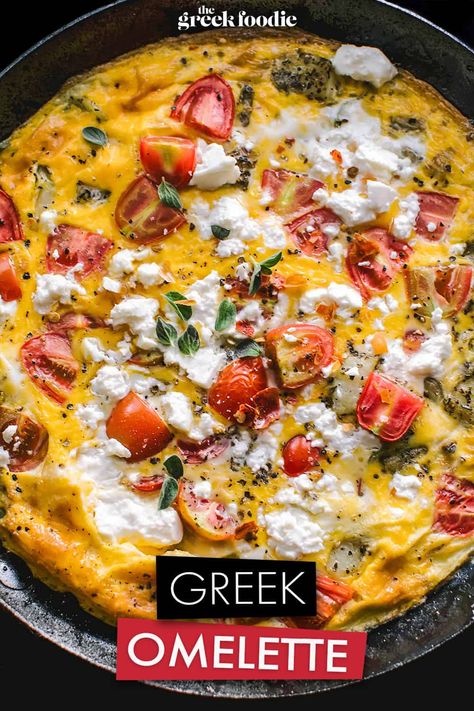 Greek Omelette with Tomato, Feta and Olives Omelette Lunch Ideas, Spinach Feta Tomato Omelette, Feta Cheese Omelette, Traditional Greek Breakfast Recipes, Egg And Feta Recipes, Omlete Recipe Omelettes, Eggs And Tomatoes Breakfast, Greek Breakfast Recipes, Vegetarian Omelette