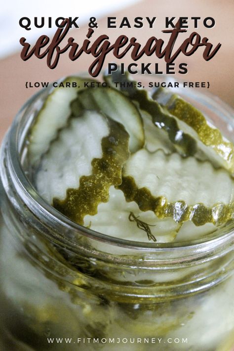 Quick & Easy Keto Refrigerator Pickles (sugar free) - Fit Mom Journey Keto Refrigerator Pickles, Quickles Pickles Thm, Refrigerator Pickling Recipes, Low Carb Canning Recipes, Sugar Free Bread And Butter Pickles, Ugly Dip, Virta Recipes, Keto Pickles, Icebox Pickles