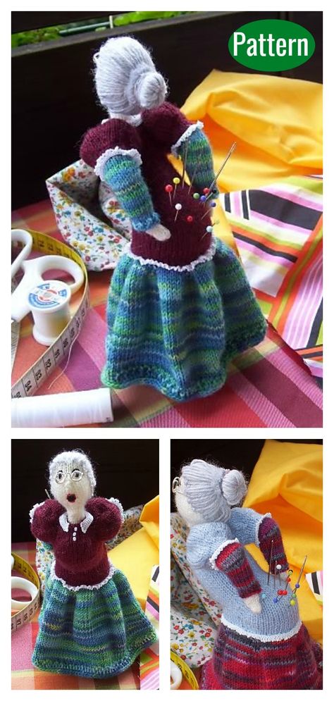 OUCH Old Lady Pincushion Knitting Pattern Cushion Knitting Pattern Free, Granny Dolls, Crochet Pincushion, Knitted Toys Free Patterns, Pin Cushions Patterns, Crochet Needlework, Creative Knitting, Knitting Machine Projects, Pin Doll