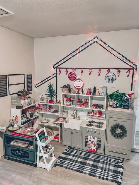 Diy Play Area Indoor, Toy Room Kitchen Ideas, Playroom Kitchen And Market, Pretend House Playroom, Diy Play Grocery Store Food, Playroom Ideas Kitchen, Kids Grocery Store Playroom, Playroom Pretend Play Area, Play Shop Ideas