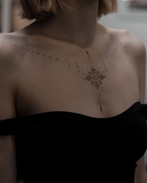 Tattoo Ideas Clavicle, Delicate Chest Tattoo Female, Upper Chest Tattoo Female, Chest Tattoo Designs Female, Clavicle Tattoo, Necklace Tattoo, Animal Tattoo Ideas, Boho Tattoos, Dot Tattoos